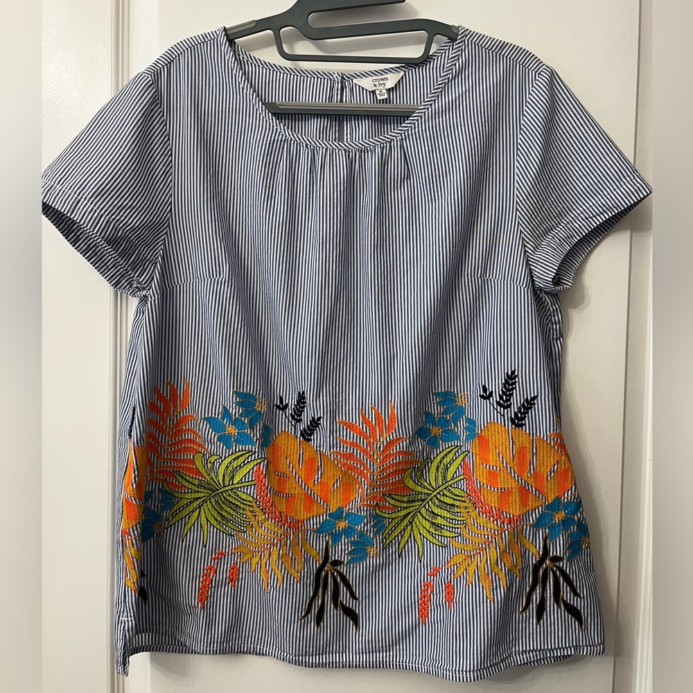 Crown & Ivy Striped Embroidered Cotton Blouse
